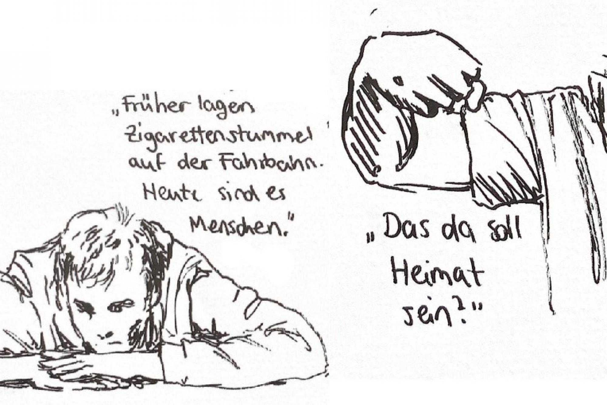 Eine schemenhafte Strichzeichnung, auf der rechts ein junger Mann zu sehen ist, der die Hände unter dem Kinn überschlagen hat. Schräg darüber steht handschriftlich der Satz 